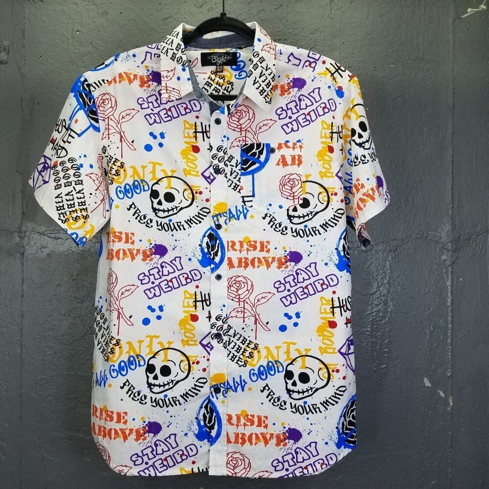 Eighty Eight Button Up Shirt Youth 18/20 Men’s S Graffiti Shirt Skull Peace Rose